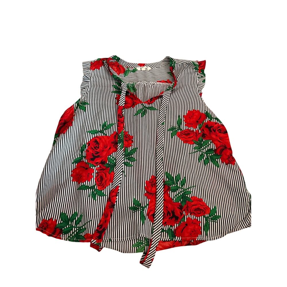 Hint of Blush Women's XL Sleeveless Blouse Black White Stripe Red Rose Floral